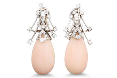 Lot 121 - A PAIR OF PINK CORAL AND DIAMOND DROP EARRINGS,...
