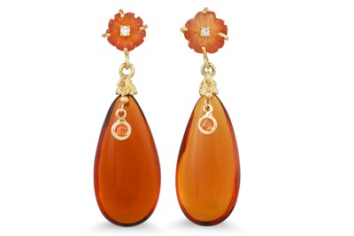 Lot 154 - A PAIR OF CITRINE DROP EARRINGS, mounted in...