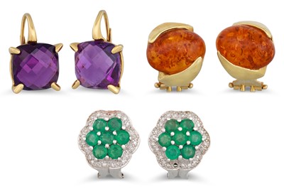 Lot 265 - THREE PAIRS OF GEM SET EARRINGS, in gold