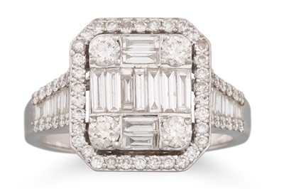 Lot 277 - A DIAMOND CLUSTER RING, set with baguette and...