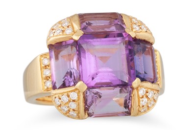 Lot 139 - AN AMETHYST AND PAVÉ DIAMOND SET RING, mounted...