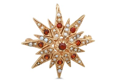 Lot 127 - A GARNET AND SEED PEARL BROOCH, in the form of...