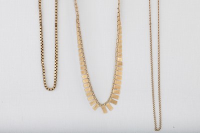 Lot 106 - THREE 9CT YELLOW GOLD CHAINS, (one clasp not...