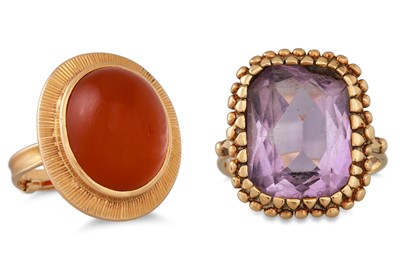 Lot 214 - A CARNELIAN AND GOLD RING, together with an...