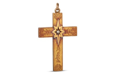 Lot 74 - AN ANTIQUE GOLD PLATED CROSS, engraved...