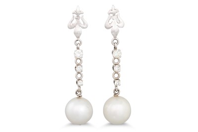 Lot 308 - A PAIR OF DIAMOND AND PEARL DROP EARRINGS, the...