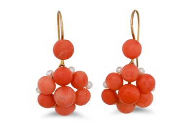 Lot 336 - A PAIR OF CORAL AND SEED PEARL CLUSTER...