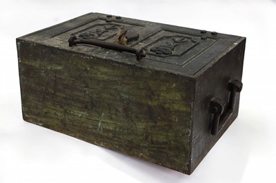 Lot 226 - A 19TH CENTURY CAST IRON BULLION BOX, hinged...