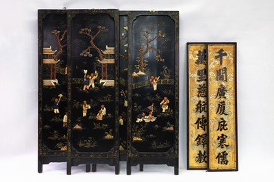 Lot 238 - FOUR CHINESE WOOD WALL PANELS, black lacquered,...