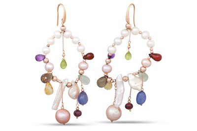 Lot 95 - A PAIR OF PEARL, TOURMALINE AND SAPPHIRE DROP...
