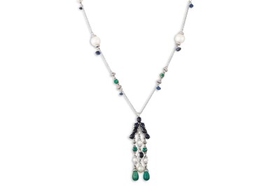 Lot 143 - A SAPPHIRE, PEARL AND EMERALD DROP NECKLACE,...