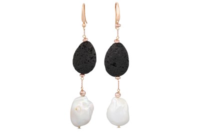 Lot 62 - A PAIR OF BAROQUE PEARL AND LAVA  DROP...