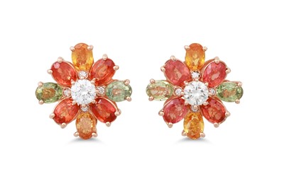 Lot 64 - A PAIR OF ORANGE SAPPHIRE AND DIAMOND CLUSTER...