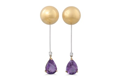 Lot 65 - A PAIR OF AMETHYST, DIAMOND AND GOLD DROP...