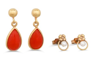 Lot 14 - A PAIR OF CORAL SET EARRINGS, together with a...