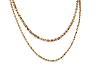 Lot 57 - TWO 9CT GOLD ROPE LINK NECK CHAINS, 13 g.