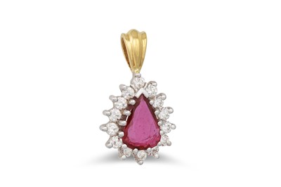Lot 66 - A RUBY AND DIAMOND CLUSTER PENDANT, the pear...