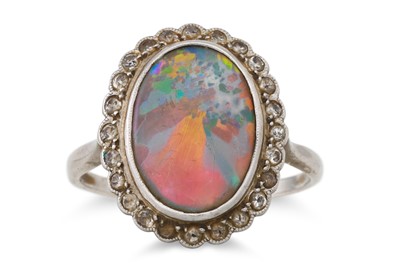 Lot 229 - A DIAMOND AND OPAL RING, the oval opal to a...