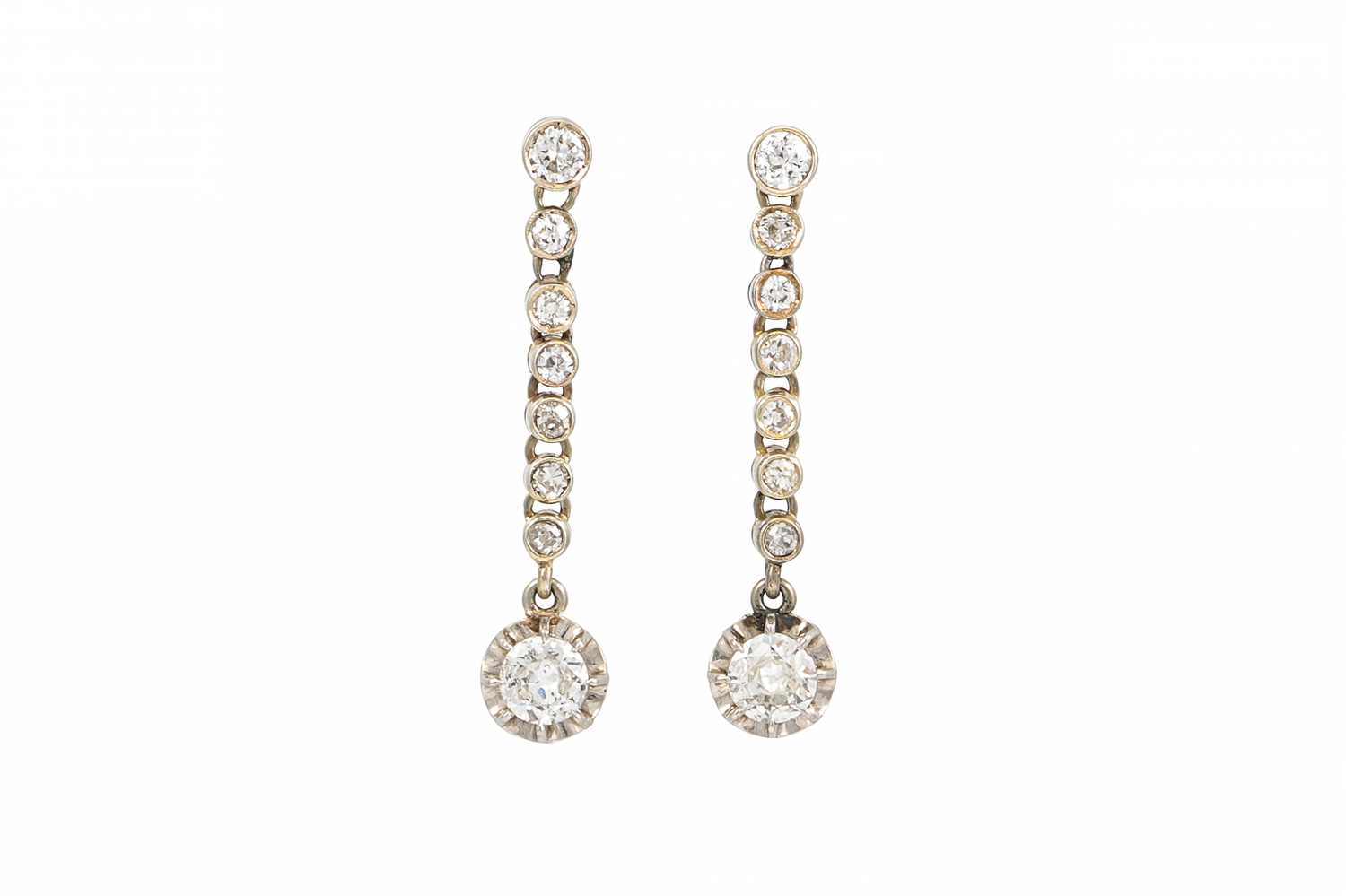 Lot 318 - A PAIR OF VINTAGE DIAMOND DROP EARRINGS, each...