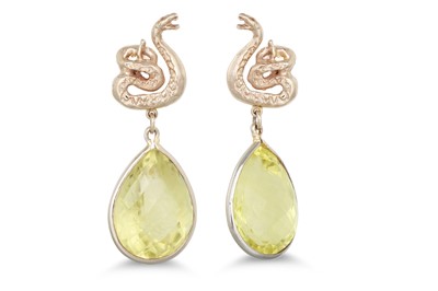 Lot 301 - A PAIR OF LEMON QUARTZ DROP EARRINGS,...