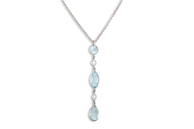 Lot 305 - AN AQUAMARINE AND DIAMOND PENDANT, on an 18ct...