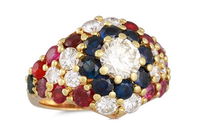 Lot 308 - A DIAMOND AND COLOURED GEM-STONE CLUSTER RING,...