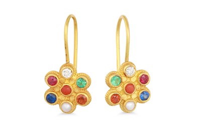 Lot 276 - A PAIR OF MULTI GEM SET EARRINGS, to 18ct gold...