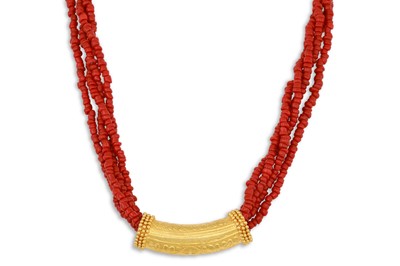 Lot 280 - A CORAL BEADED MULTI STRANDED NECKLACE, with a...