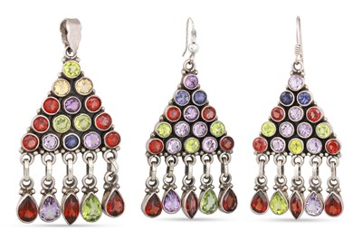 Lot 282 - A SUITE OF SILVER MULTI GEM SET EARRINGS, and...