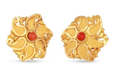 Lot 133 - A PAIR OF CORAL EARRINGS, mounted in 22ct gold