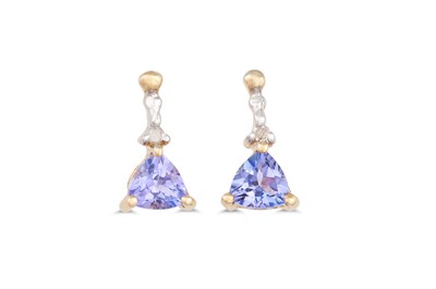 Lot 21 - A PAIR OF TANZANITE EARRINGS, mounted in 9ct gold
