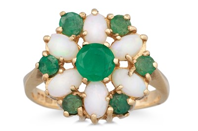 Lot 29 - A OPAL AND EMERALD CLUSTER RING, mounted in...