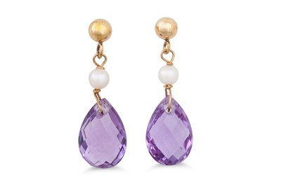 Lot 32 - A PAIR OF AMETHYST AND PEARL EARRINGS,...