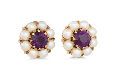 Lot 35 - A PAIR OF VINTAGE PEARL AND AMETHYST CLUSTER...