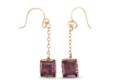 Lot 42 - A PAIR OF AMETHYST DROP EARRINGS, mounted in gold