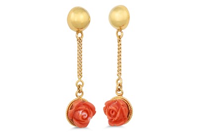 Lot 74 - A PAIR OF CORAL AND GOLD DROP EARRINGS, screw...
