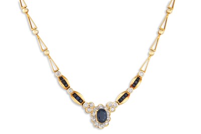 Lot 81 - A DIAMOND AND SAPPHIRE NECKLACE, of cluster...