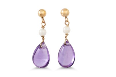 Lot 10 - A PAIR OF AMETHYST AND PEARL DROP EARRINGS,...