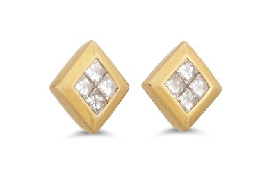 Lot 12 - A PAIR OF DIAMOND CLUSTER EARRINGS, of square...