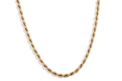 Lot 14 - A YELLOW GOLD ROPE NECK CHAIN, 16.5 g.