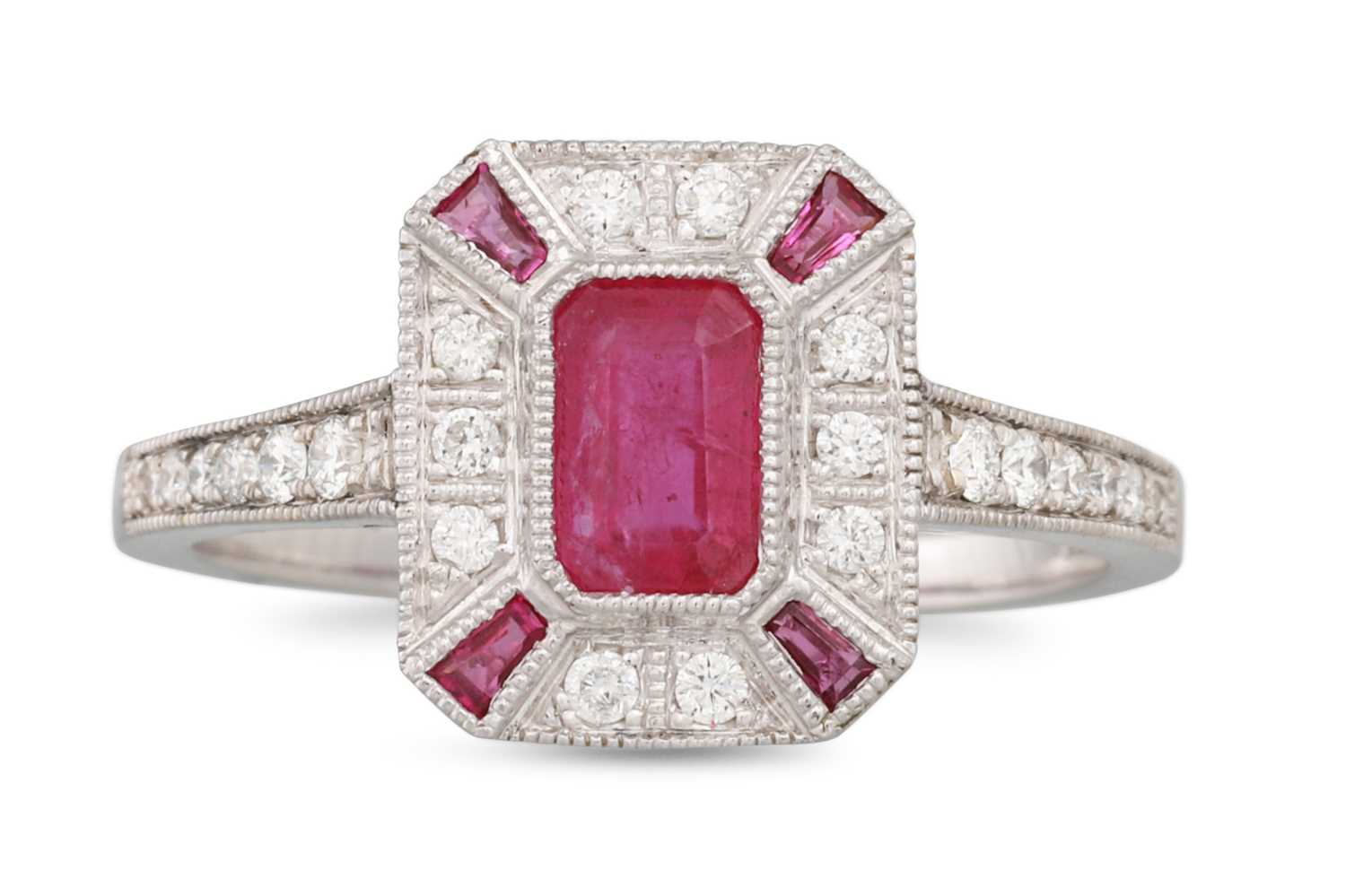 Lot 227 - AN 18CT WHITE GOLD RUBY AND DIAMOND CLUSTER...