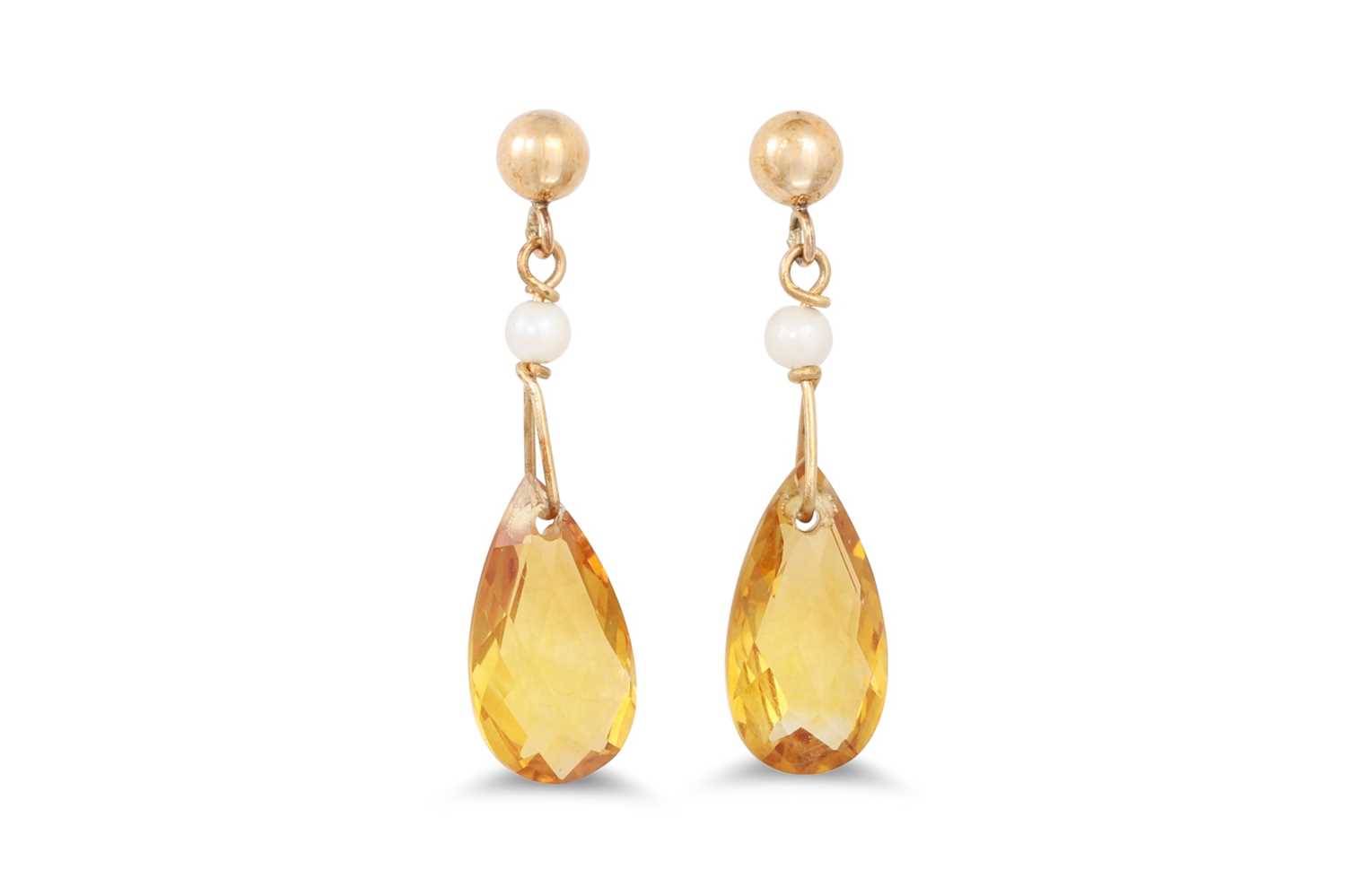 Lot 234 - A PAIR OF CITRINE AND PEARL DROP EARRINGS, the...