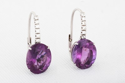 Lot 52 - A PAIR OF AMETHYST AND DIAMOND EARRINGS, the...