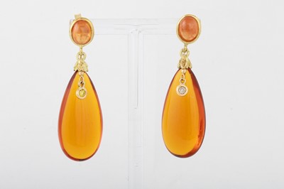 Lot 57 - A PAIR OF CITRINE AND DIAMOND DROP EARRINGS,...