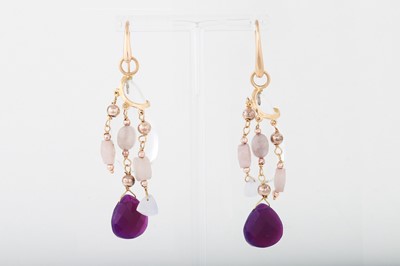 Lot 62 - A PAIR OF AMETHYST AND QUARTZ EARRINGS, gold...