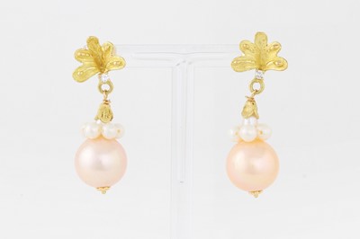 Lot 114 - A PAIR OF PEARL AND DIAMOND DROP EARRINGS,...