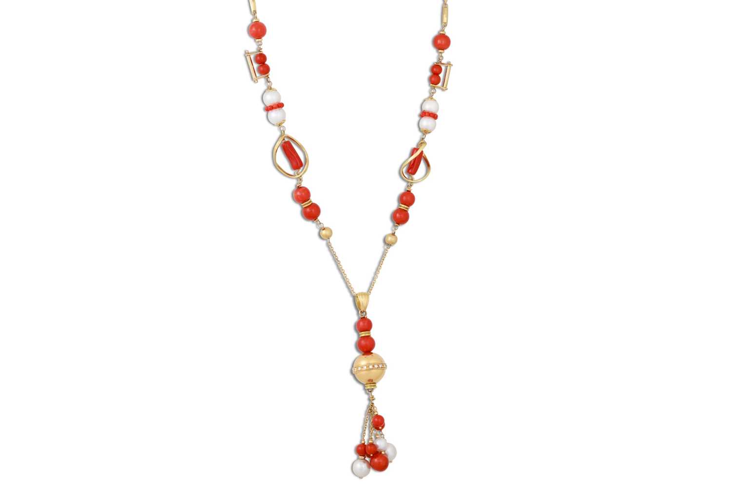 Lot 206 - A CORAL AND PEARL BEADED NECKLACE, suspending...