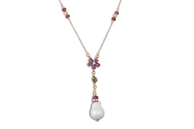 Lot 212 - A RUBY, DIAMOND AND SOUTH SEA PEARL DROP NECK...