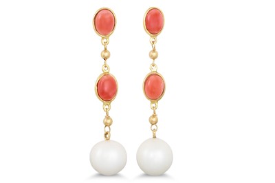 Lot 274 - A PAIR OF CORAL AND PEARL DROP EARRINGS, the...