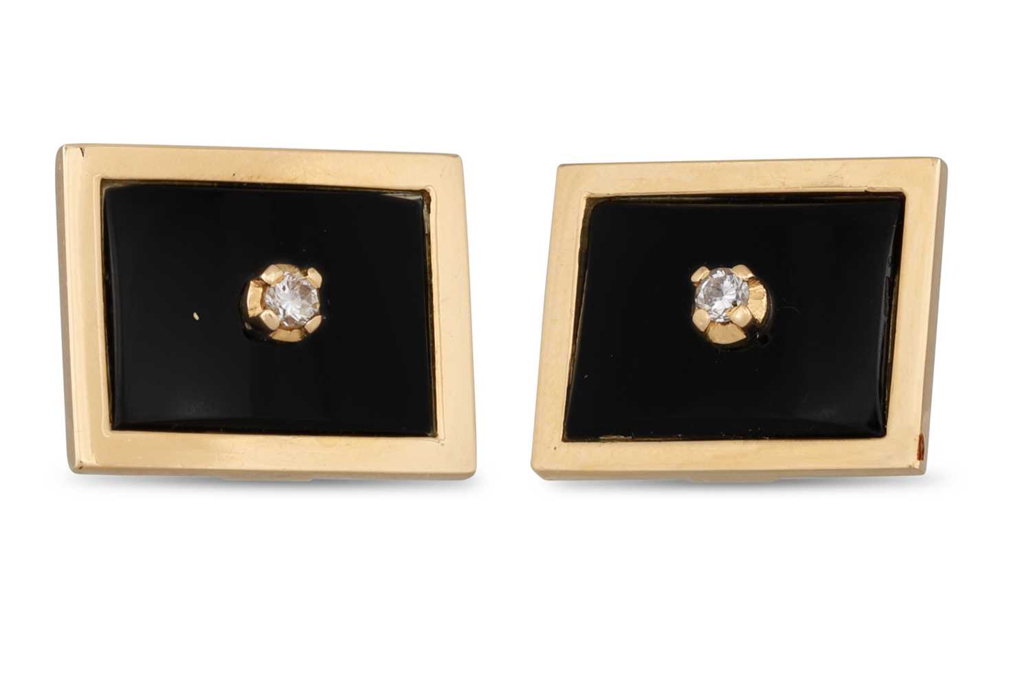 Lot 279 - A PAIR OF ONYX AND DIAMOND CUFFLINKS, mounted...